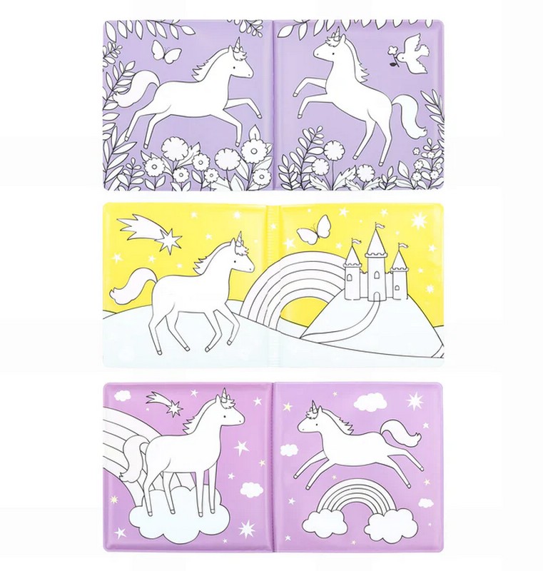 Libro magico da bagno a tema unicorni, che si colora a contatto con l'acqua