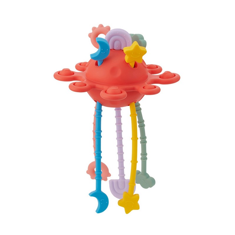 Gioco multisensoriale tattile a forma di pianeta rosso per bambini con appendici rigate e pulsanti