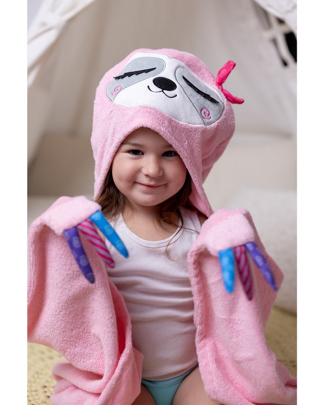 Accappatoio per bambini rosa con cappuccio a forma di bradipo