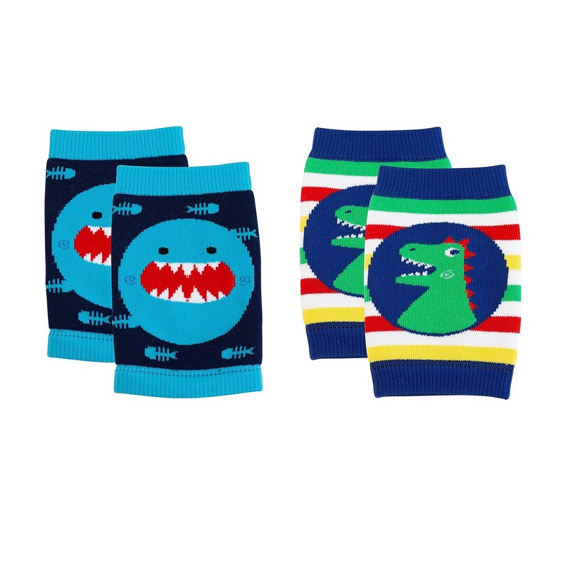 Set 2 paia di ginocchiere antiscivolo per gattonare decorate con squalo e dinosauro, perfette come regalo per neonati e i loro neo genitori