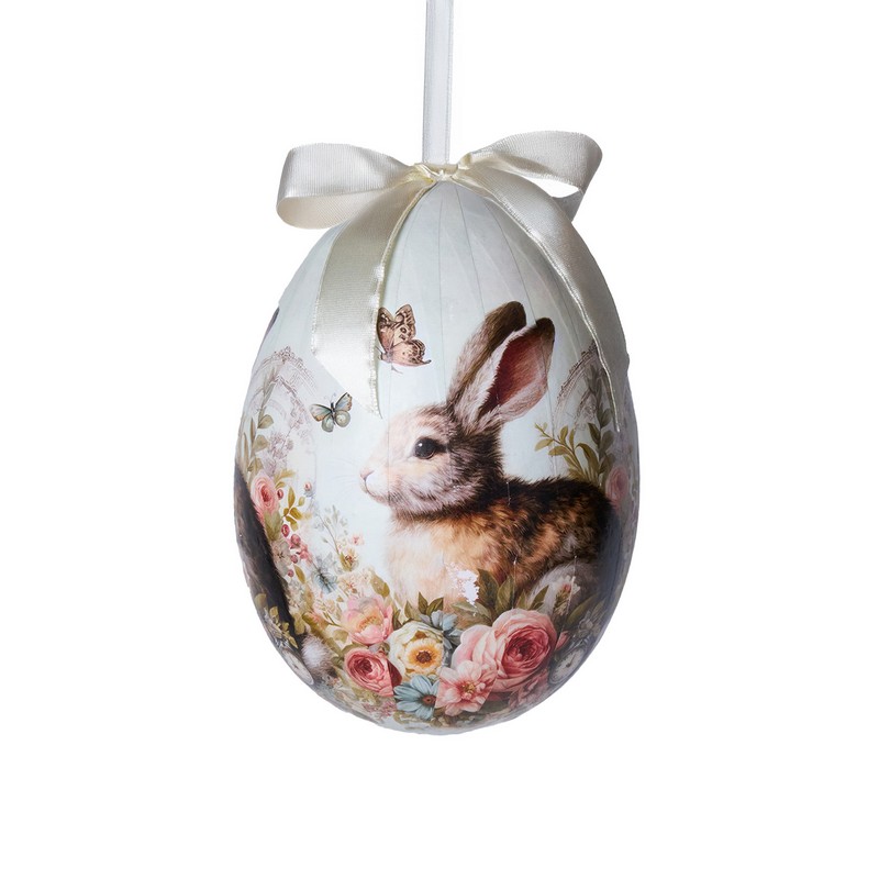 Uovo di Pasqua in cartapesta da appendere decorato con coniglio e fiori