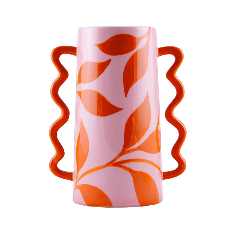 Vaso rosa in ceramica decorato con foglie rosse e manico ondulato, dipinto a mano