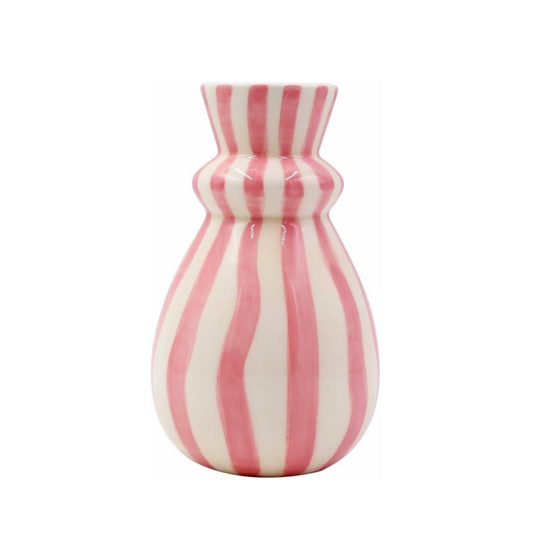 Vaso anfora bianco in ceramica a righe verticali rosa, dipinto a mano