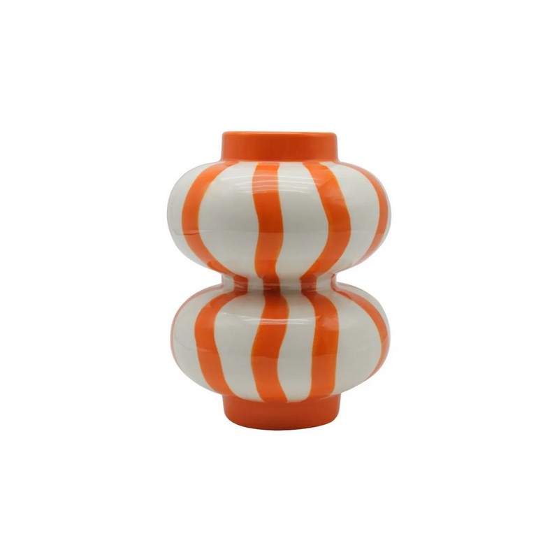 Vaso a sfere bianco in ceramica a righe verticali arancioni, dipinto a mano