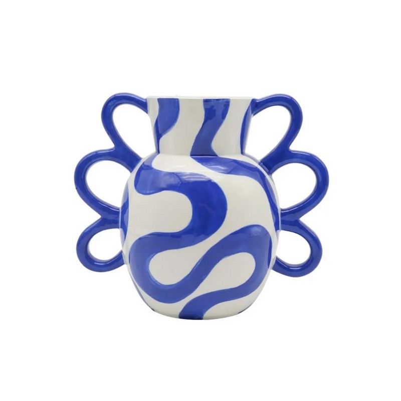 Vaso anfora bianco in ceramica con decoro astratto blu e manici ondulati, dipinto a mano