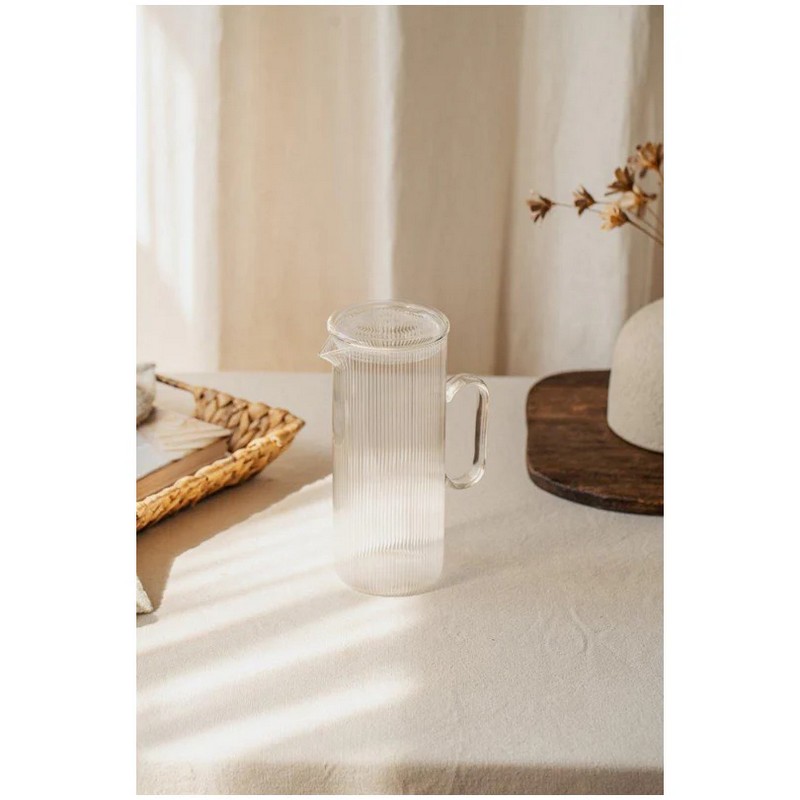 Caraffa per l'acqua in vetro trasparente a righe verticali con coperchio da 1.2 litri di capacità