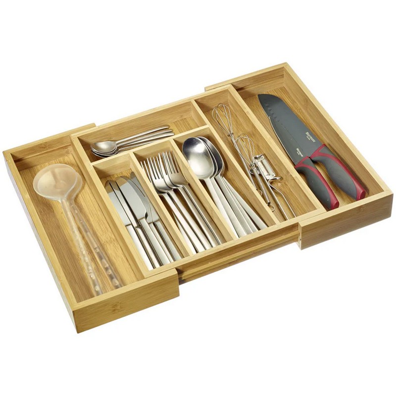 Portaposate da cassetto allungabile da 7 scomparti, realizzato in bambù