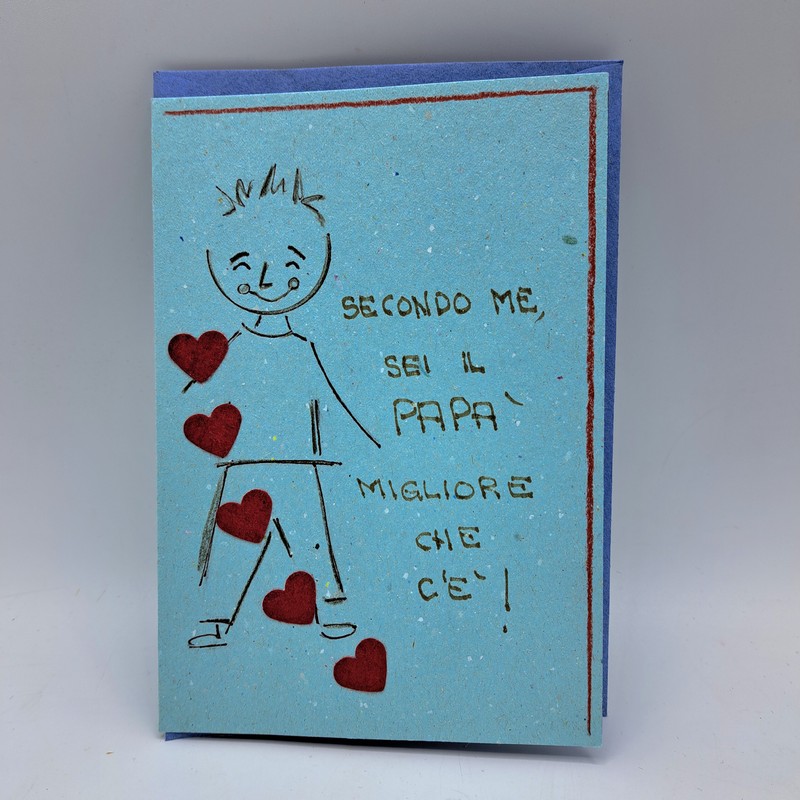 Biglietto d'auguri per il papà con scritta “Secondo me sei il papà migliore che c'è!”, busta inclusa, fatto a mano da noi