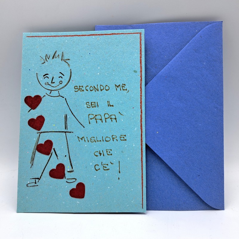Biglietto d'auguri per il papà con scritta “Secondo me sei il papà migliore che c'è!”, busta inclusa, fatto a mano da noi