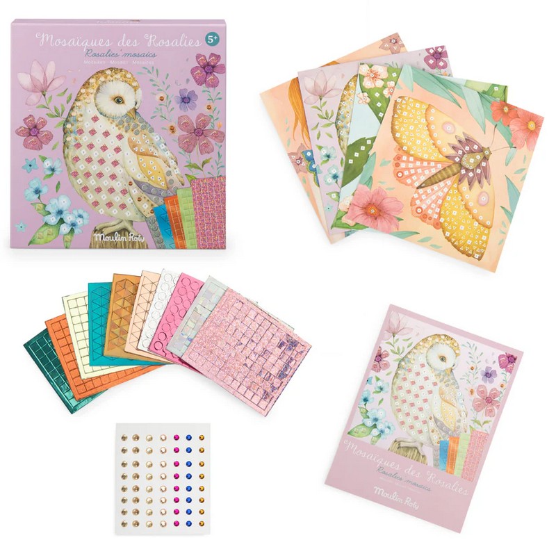 Gioco mosaici adesivi di diverse forme e colori da applicare su 5 illustrazioni