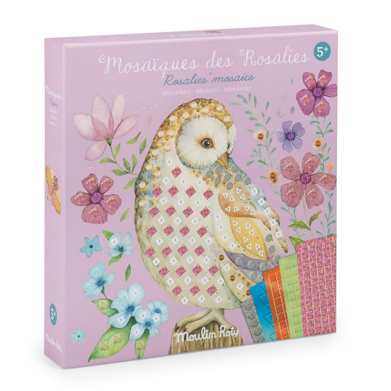 Gioco mosaici adesivi di diverse forme e colori da applicare su 5 illustrazioni