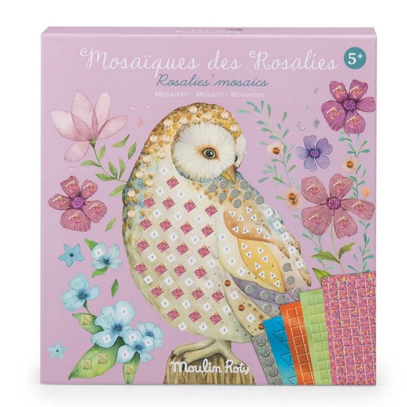 Gioco mosaici adesivi di diverse forme e colori da applicare su 5 illustrazioni