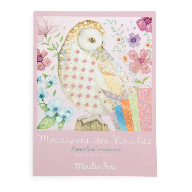 Gioco mosaici adesivi di diverse forme e colori da applicare su 5 illustrazioni