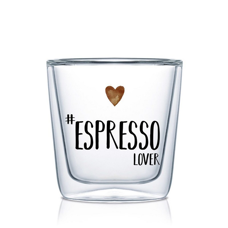 Tazzina da caffè in vetro borosilicato con doppia parete che previene scottature decorata con cuore e scritta “Espresso lover”