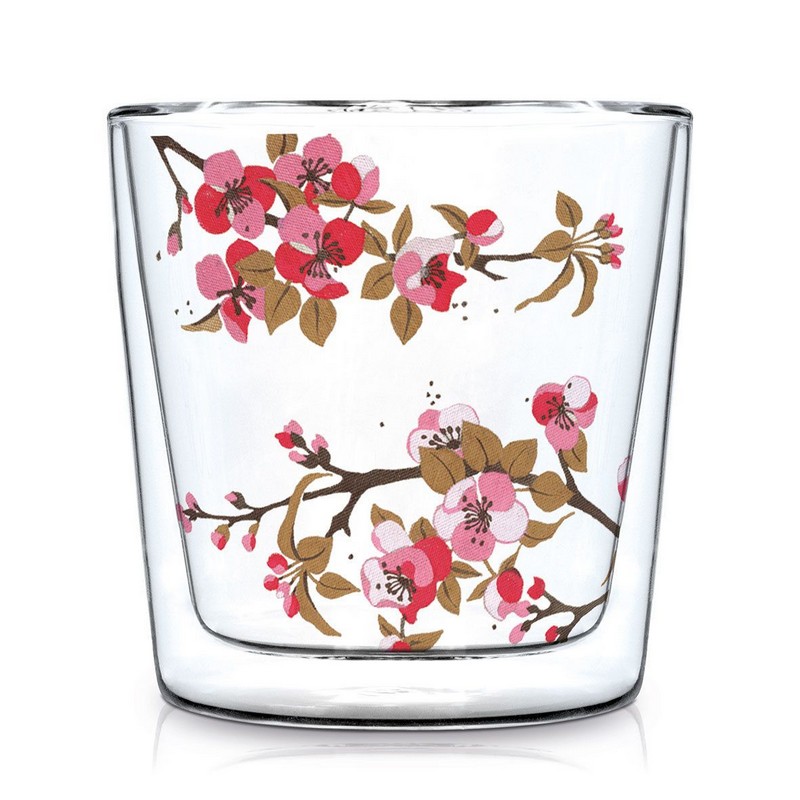 Tazza mug in vetro borosilicato a doppia parete, utile per evitare di scottarsi, decorata con fiori di ciliegio