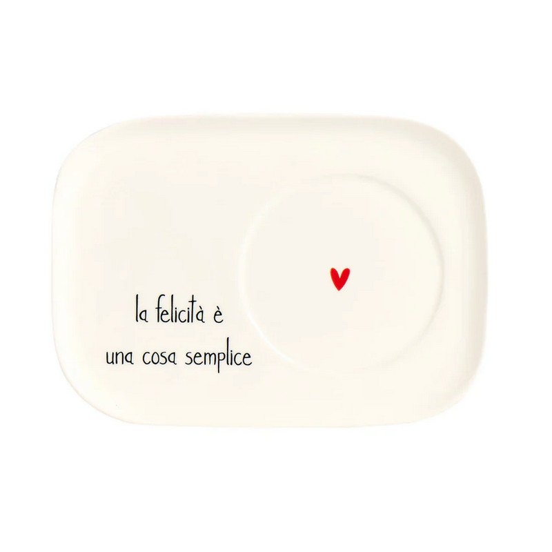 Piatto per tazza da colazione in ceramica bianca con cuoricino e scritta “La felicità è una cosa semplice”