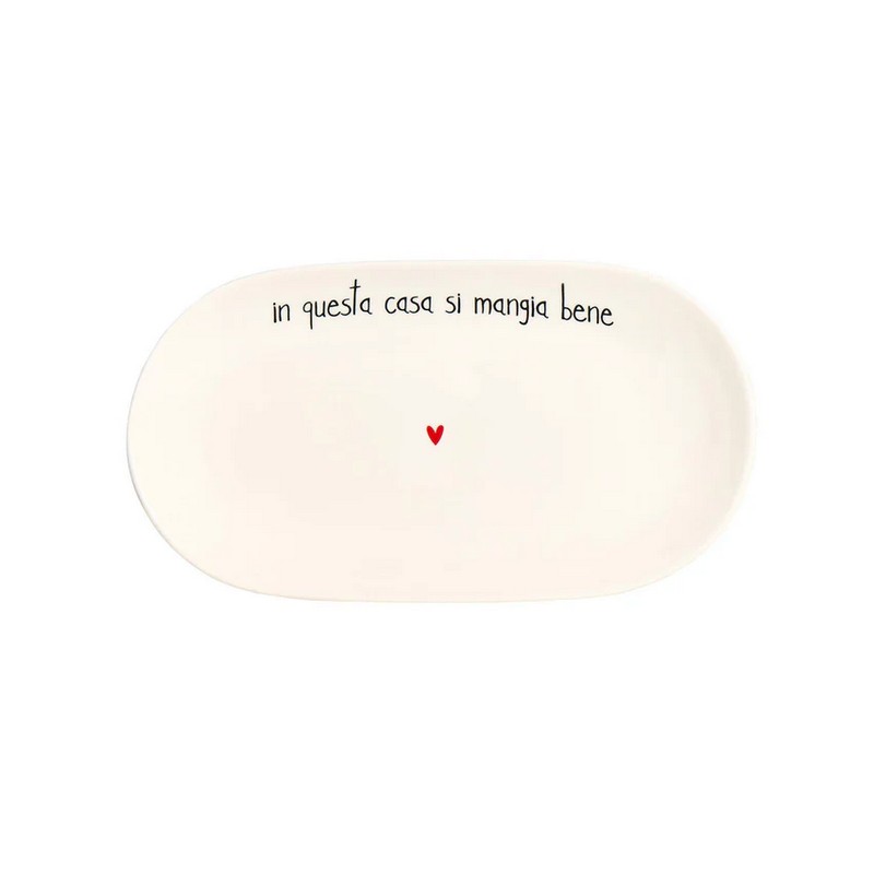 Piatto da portata ovale in ceramica bianca decorato con scritta “In questa casa si mangia bene” e cuore, utilizzabile anche come vassoio o centrotavola