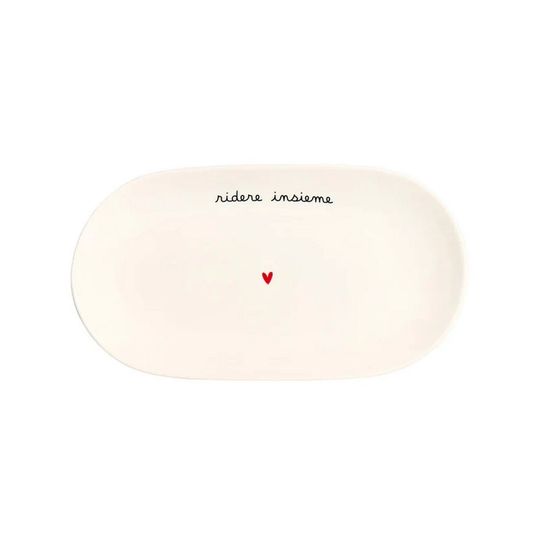 Piatto da portata ovale in ceramica bianca decorato con scritta “Ridere insieme” e cuore, utilizzabile anche come vassoio o centrotavola