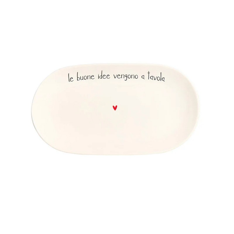 Piatto da portata ovale in ceramica bianca decorato con scritta “Le buone idee vengono a tavola” e cuore, utilizzabile anche come vassoio o centrotavola