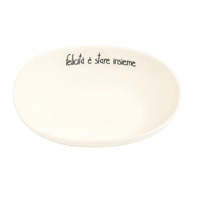 Ciotola ovale in ceramica bianca decorato con scritta “Felicità è stare insieme”, utilizzabile anche come vassoio o centrotavola