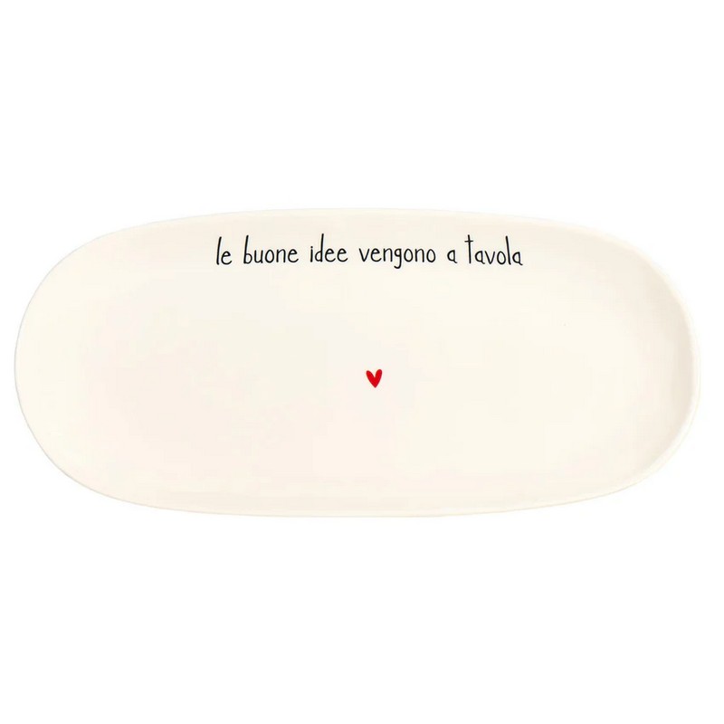 Piatto da portata ovale in ceramica bianca decorato con scritta “Le buone idee vengono a tavola” e cuore, utilizzabile anche come vassoio o centrotavola