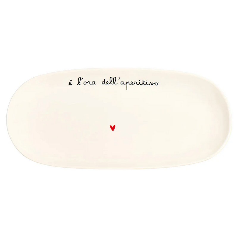 Piatto da portata ovale in ceramica bianca decorato con scritta “È l'ora dell'aperitivo” e cuore, utilizzabile anche come vassoio o centrotavola