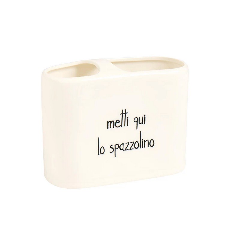 Porta spazzolini in ceramica bianca con 2 scomparti decorato con scritta “Metti qui lo spazzolino”