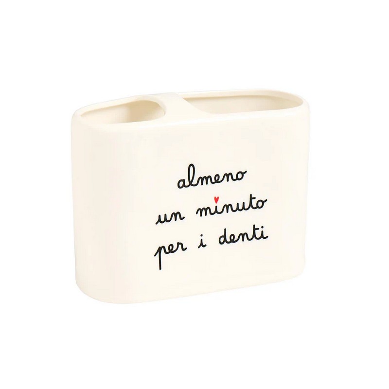 Porta spazzolini in ceramica bianca con 2 scomparti decorato con scritta “Almeno un minuto per i denti”