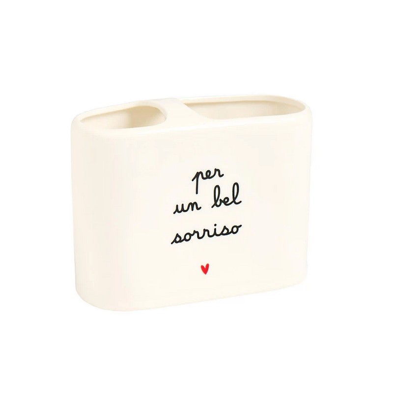 Porta spazzolini in ceramica bianca con 2 scomparti decorato con scritta “Per un bel sorriso”
