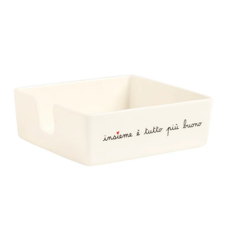 Portatovaglioli in ceramica bianca con scritta “Insieme è tutto più buono”