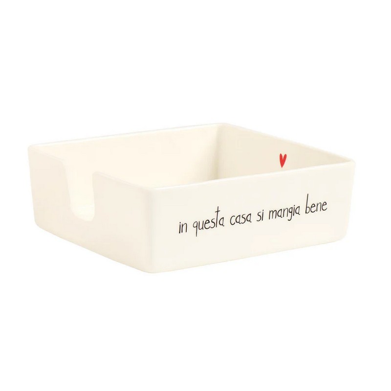 Portatovaglioli in ceramica bianca con scritta “In questa casa si mangia bene”