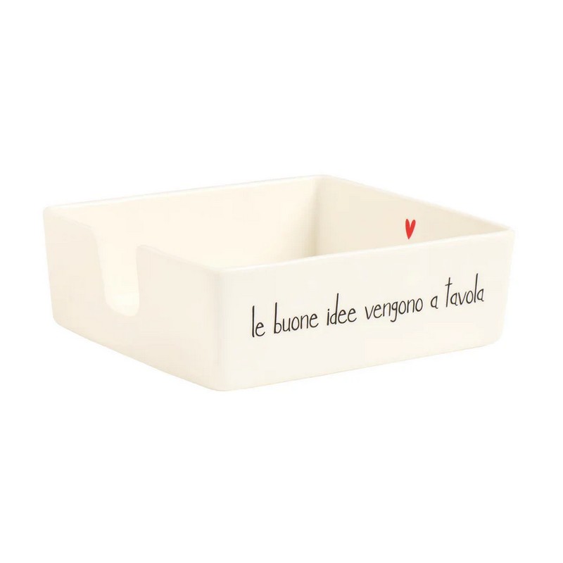 Portatovaglioli in ceramica bianca con scritta “Le buone idee vengono a tavola”