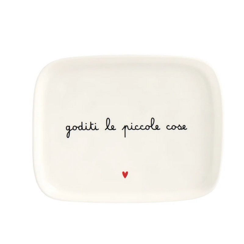 Piatto da portata rettangolare in ceramica bianca decorato con scritta “Goditi le piccole cose” e cuore, utilizzabile anche come vassoio o centrotavola
