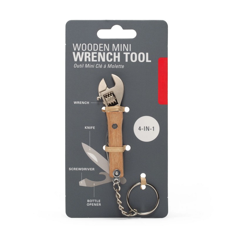 Portachiavi multiattrezzo 4 in 1 con chiave inglese regolabile in acciaio inossidabile rivestito in legno