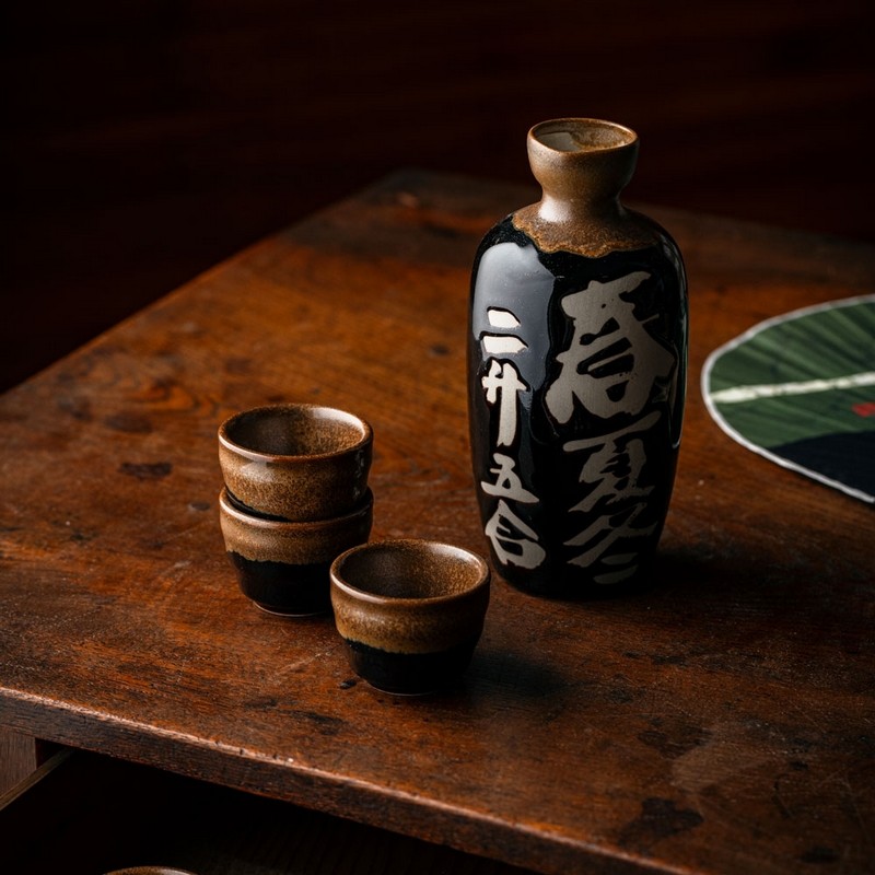 Autentico set saké contenente bottiglia con kanji e 4 bicchierini, fatto in Giappone