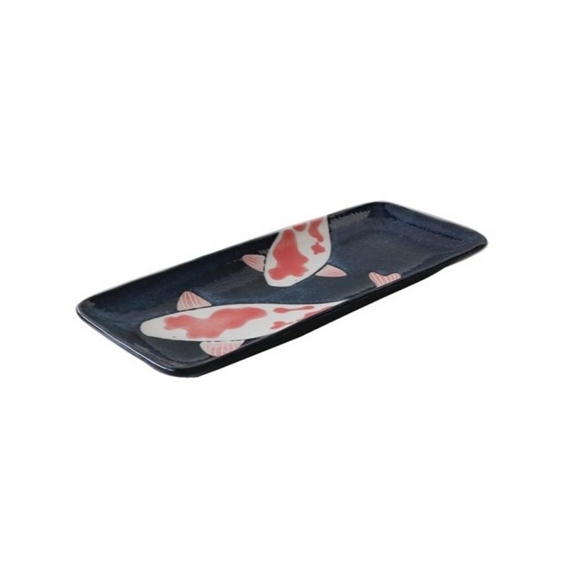 Piatto da portata giapponese in ceramica blu scura decorato con carpe koi, perfetto per servire sushi o qualsiasi altro cibo, fatto in Giappone