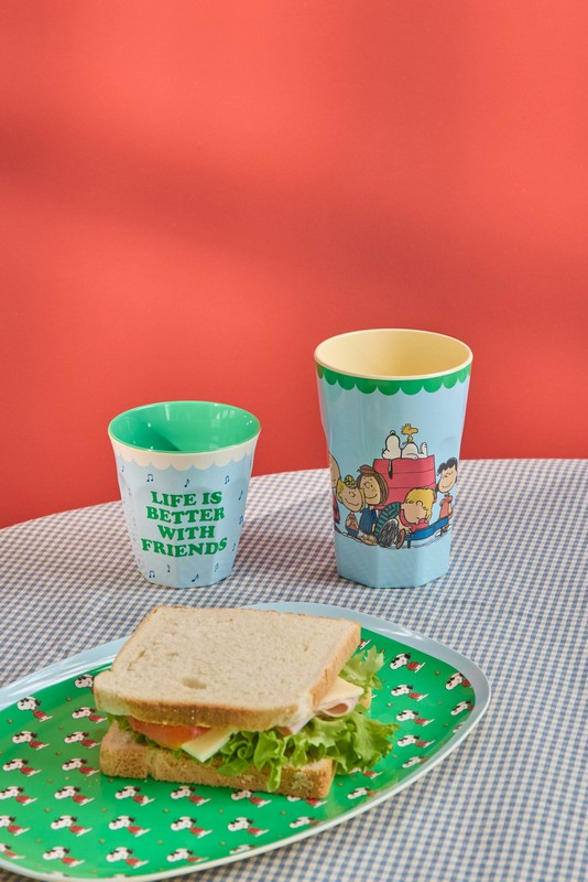 Bicchiere acqua in melamina azzurro decorato con Snoopy e altri personaggi su sfondo di note musicali, con scritta 