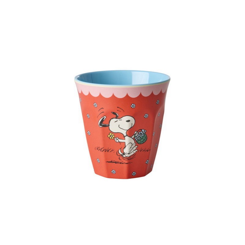 Bicchiere acqua in melamina rosso decorato con Snoopy che corre su sfondo di fiori