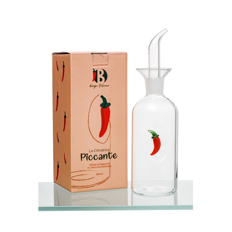 Oliera in vetro borosilicato trasparente con beccuccio salvagoccia decorata con peperoncino in vetro fatto a mano, capacità 250 ml