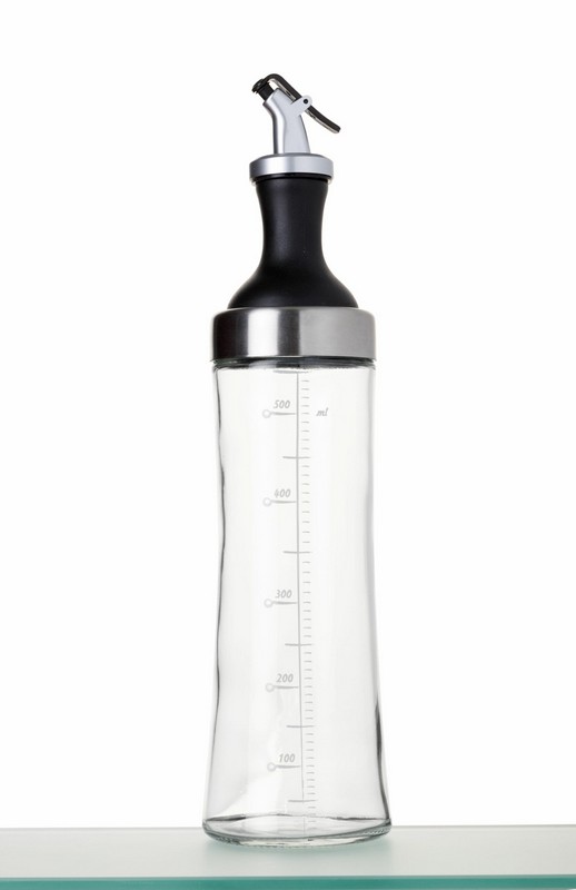 Oliera in vetro borosilicato trasparente con beccuccio salvagoccia e filtro per aromatizzare l'olio, capacità 750 ml