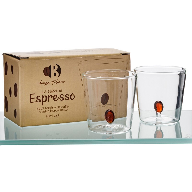 Set 2 tazzine da caffè in vetro borosilicato decorate con chicco di caffè interno