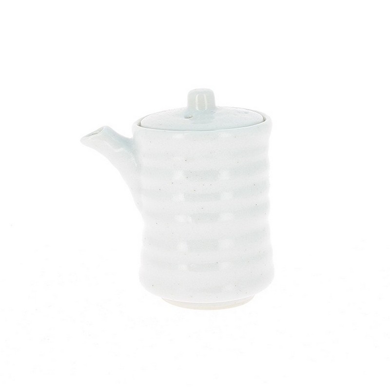 Bricco bianco giapponese a righe con coperchio, fatto in Giappone