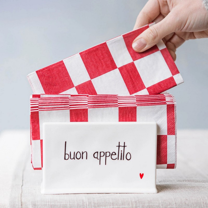 Portatovaglioli verticale in ceramica bianca con scritta “Buon appetito”