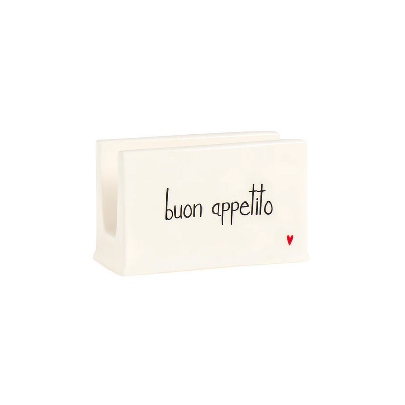 Portatovaglioli verticale in ceramica bianca con scritta “Buon appetito”
