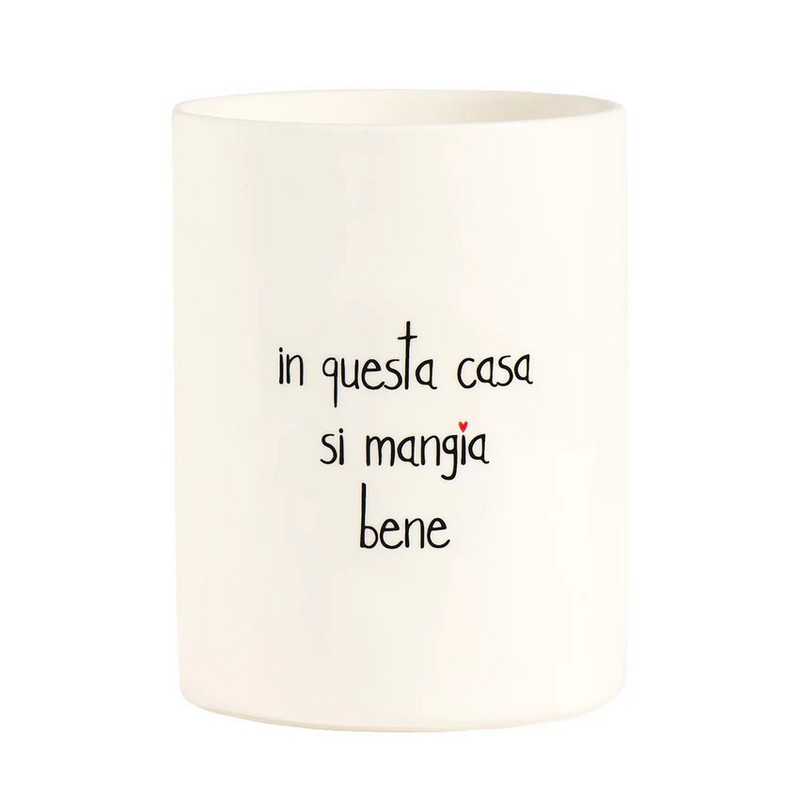 Barattolo portautensili in ceramica bianca decorato con scritta “In questa casa si mangia bene”