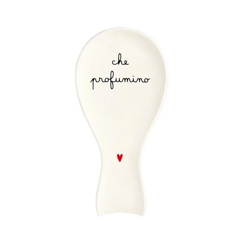 Poggiamestolo lungo in gres bianco decorato con scritta “Che profumino”