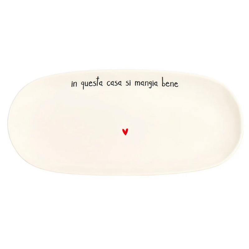 Piatto da portata in ceramica bianca decorato con scritta “In questa casa si mangia bene”