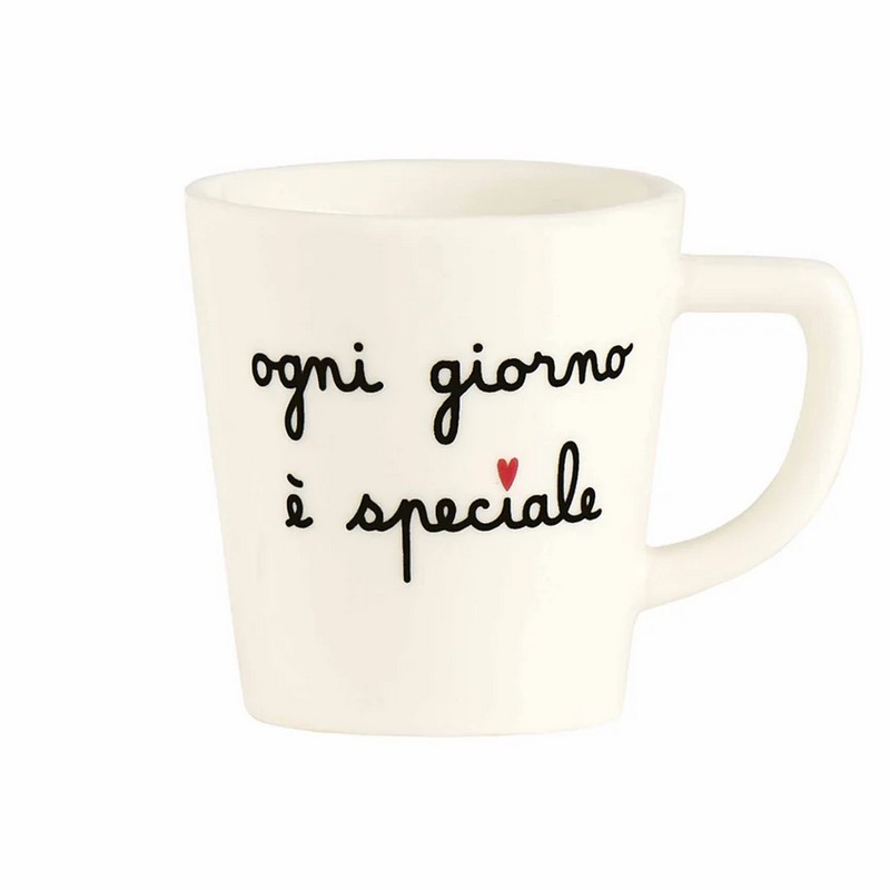 Set 2 tazzine da espresso in gres con decoro “Ogni giorno è speciale” e cuore rosso