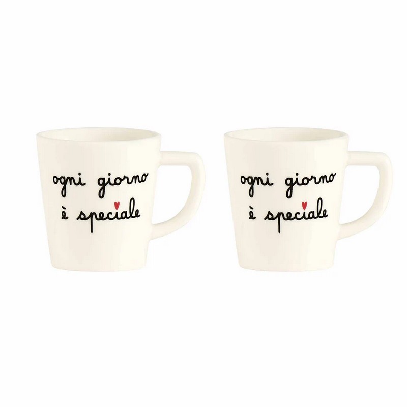 Set 2 tazzine da espresso in gres con decoro “Ogni giorno è speciale” e cuore rosso