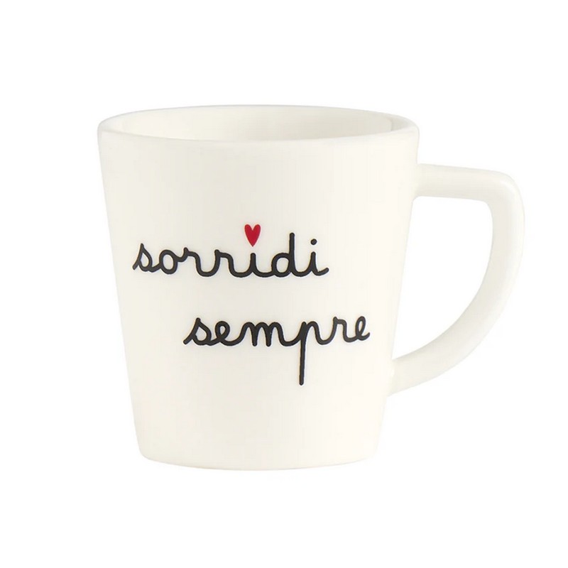 Set 2 tazzine da espresso in gres con decoro “Sorridi sempre” e cuore rosso